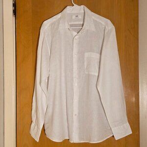 Uniqlo 100% Linen Button Up Shirt Mens L Solid White L/S Resort Preppy Casual
